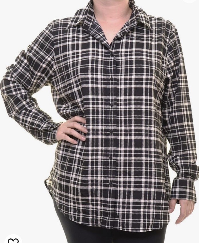 Lauren Ralph Lauren Crepe Button Up Womens L Black White Plaid Shirttail Hem