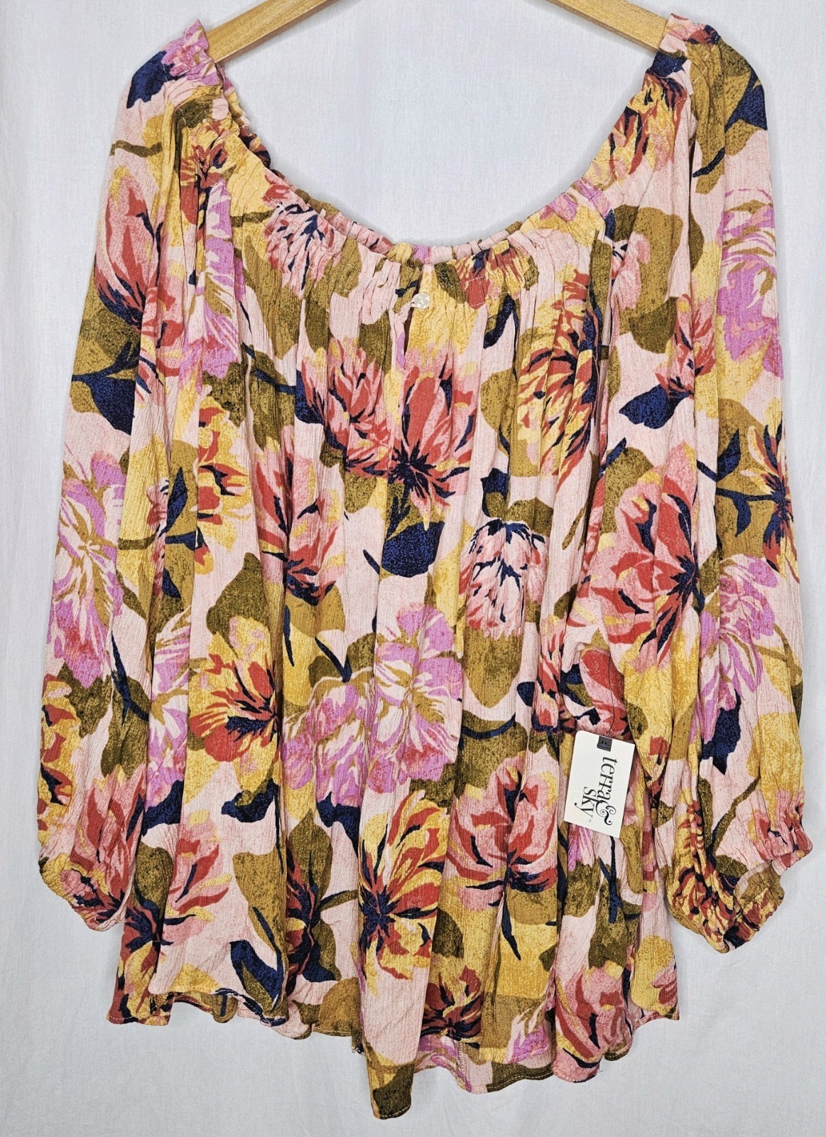 Terra & Sky Convertible Floral Ruffled Neck OTS Blouse Choose 3X or 4X NWT