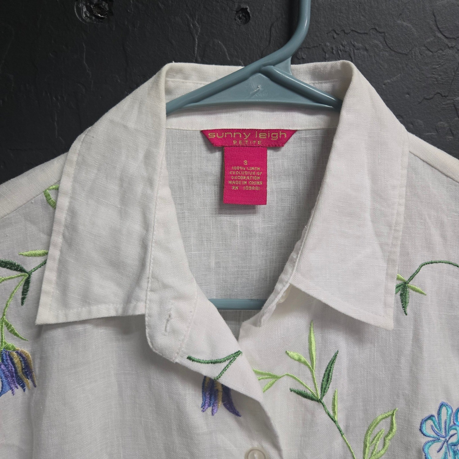 Cottagecore Floral Embroidered Linen Button Up Shirt White Roll Tab Top PS