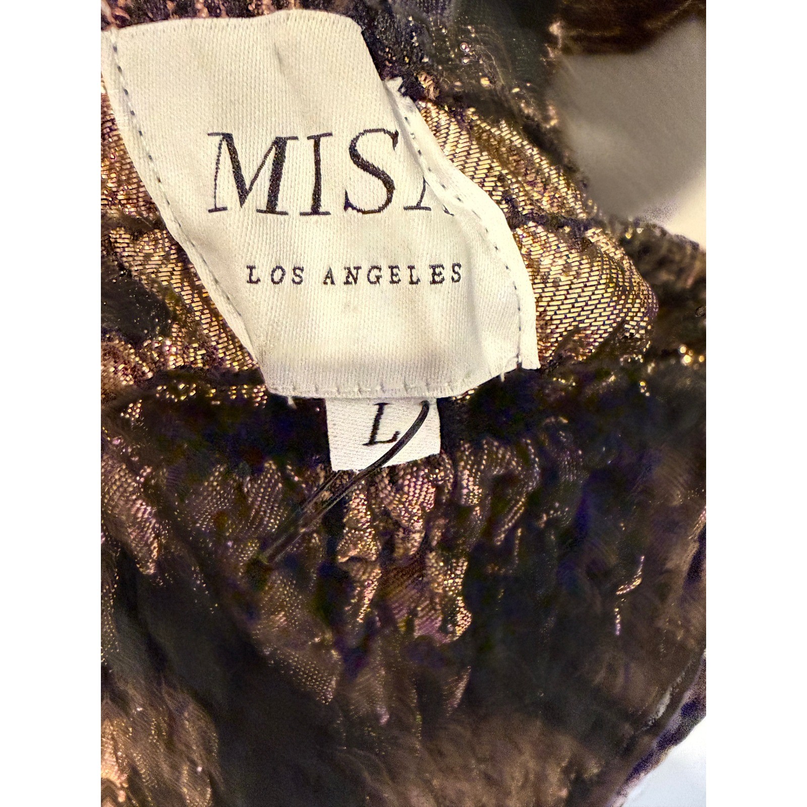 MISA Los Angeles Abelia Metallic Gold Black Smocked Ruffle Crop Top