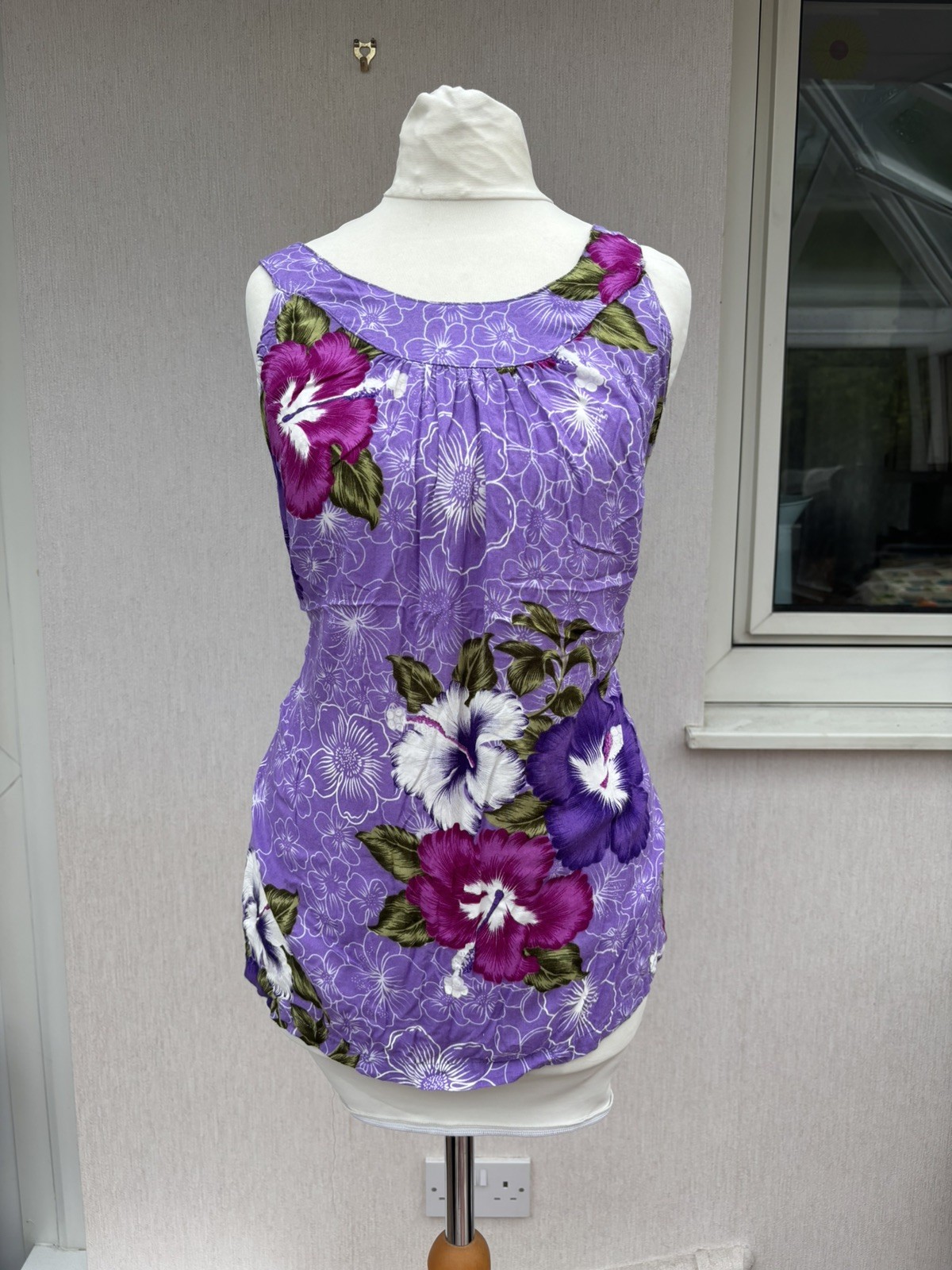 Vintage Aloha Fashion Hawaiian Hibiscus Tank Top Purple Rayon Boho UK L Y2K