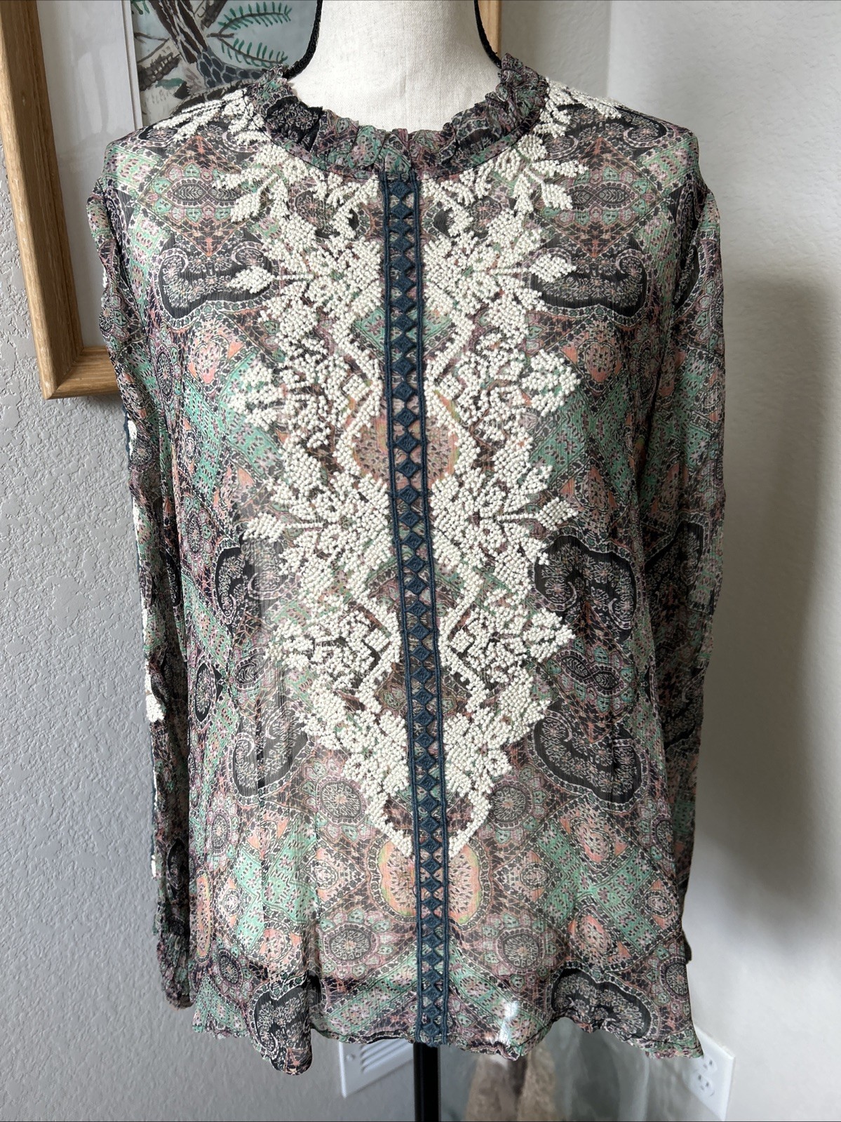 Sundance Boho Victorian Charms Sheer Embroidered Lace Blouse Purple Cottagecore