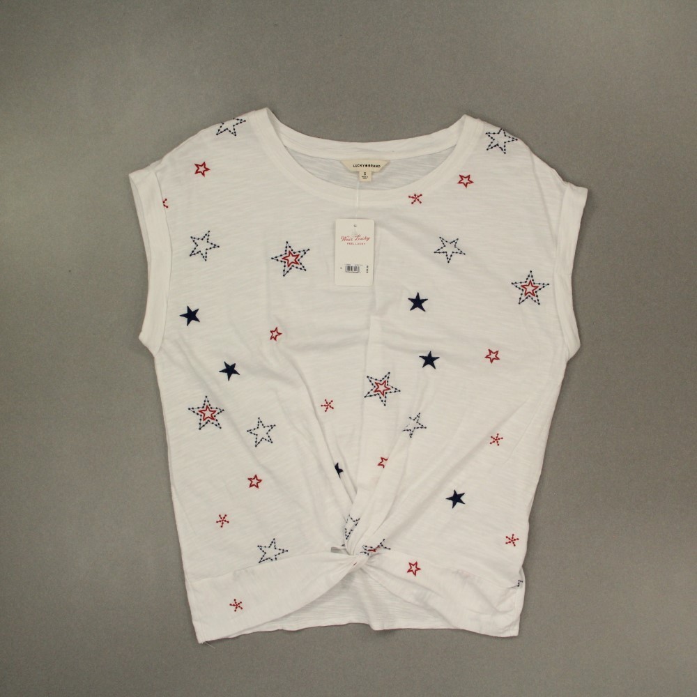 Lucky Brand Women’s Patriotic Stars Tee T-shirt Size Small White Twist Front NWT