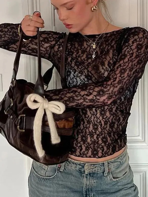 Women’s Long Sleeve See through Lace Crop Top Sexy Bodycon T-Shirt Solid