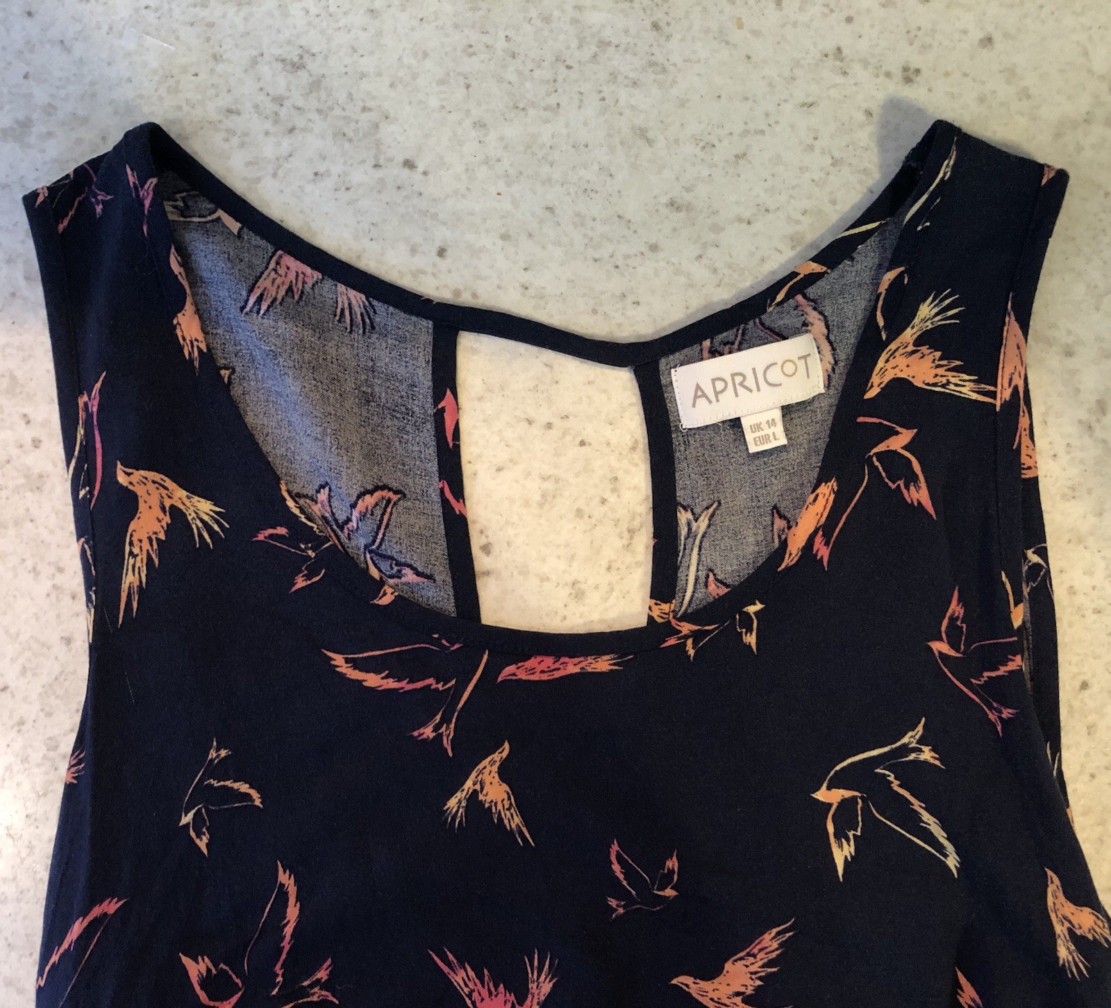 Apricot Summer Top Uk 14 Sleeveless Navy with Multicolour Bird Print Wrap Back