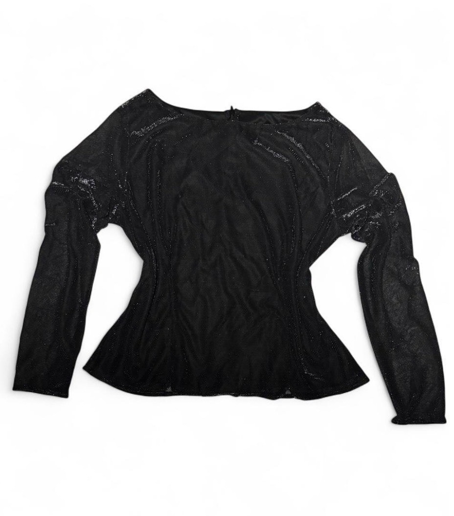 VTG SIMCO Black Shimmer Mesh Long Sleeve New Years Top Sheer Lined Y2K Party M/L