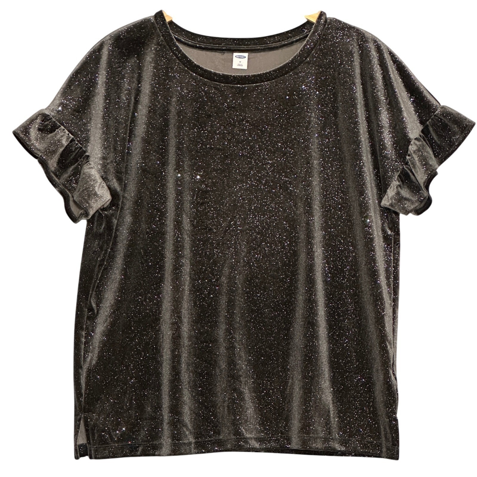 Old Navy Womens Top M Silver Gray Velvet Glitter Flutter Sparkle Whimsigoth Glam