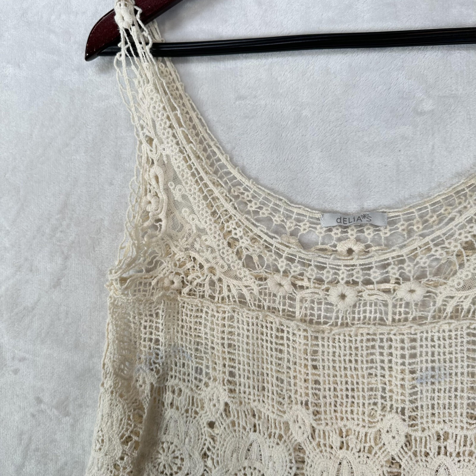 DELiA*s Tank Top Juniors S Cream Crochet Floral Scoop Neck Sheer Cropped