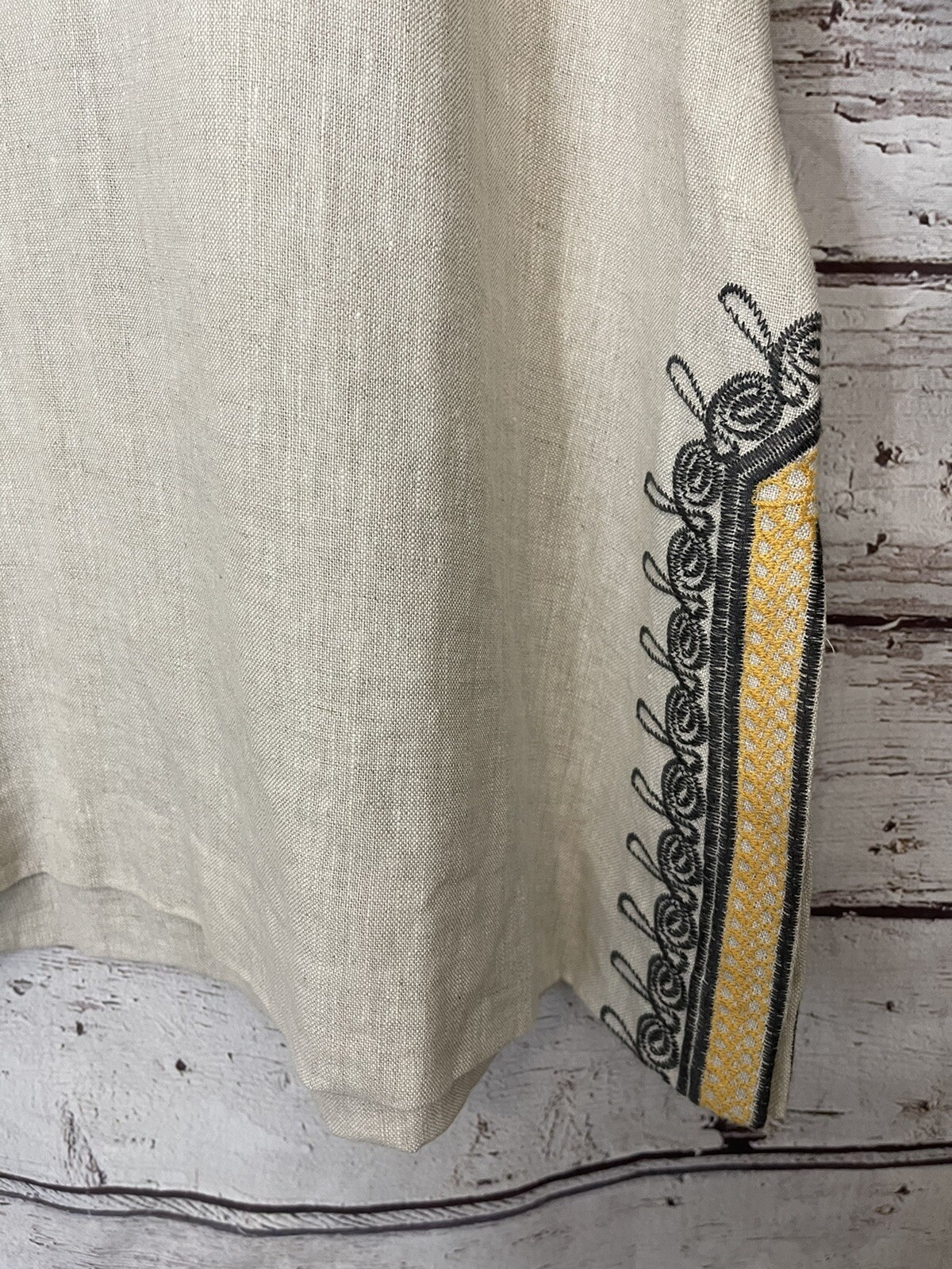 IVY JANE Small Embroidered LINEN Tunic Top Floral Boho Oatmeal Gray Yellow S