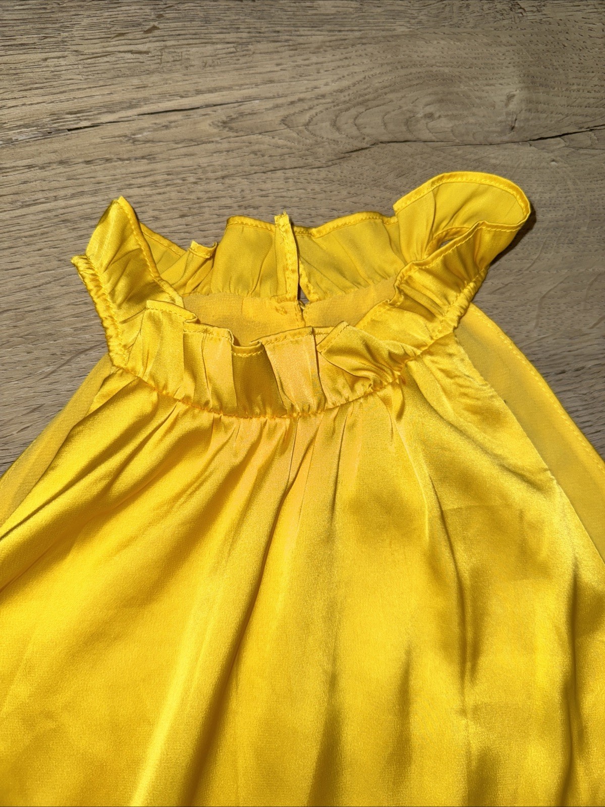 White House Black Market Sleeveless Canary Yellow Ruffle Satin Blouse Mock Neck