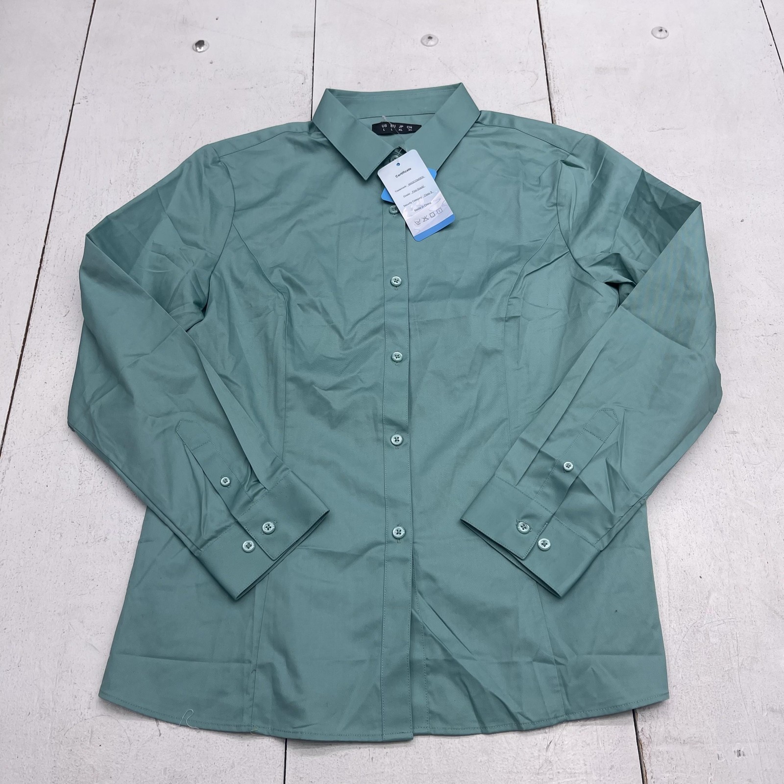 MAGCOMSEN Button Up Shirt Womens L Green Collared Long Sleeve Work Basic Top