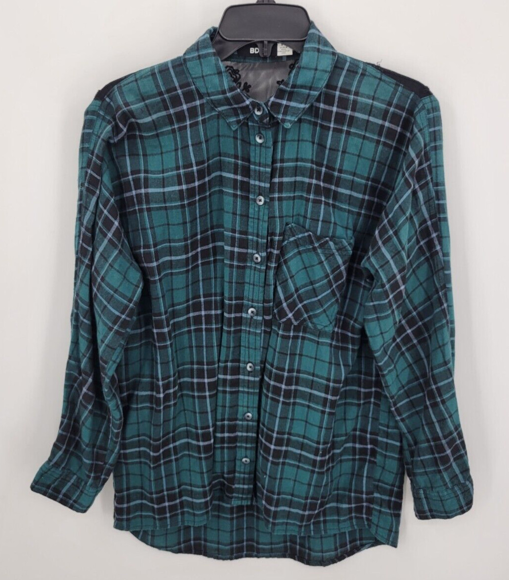 BDG Urban Outfitters Top Womens Small Green Black Plaid Lace Insert Boho Y2K