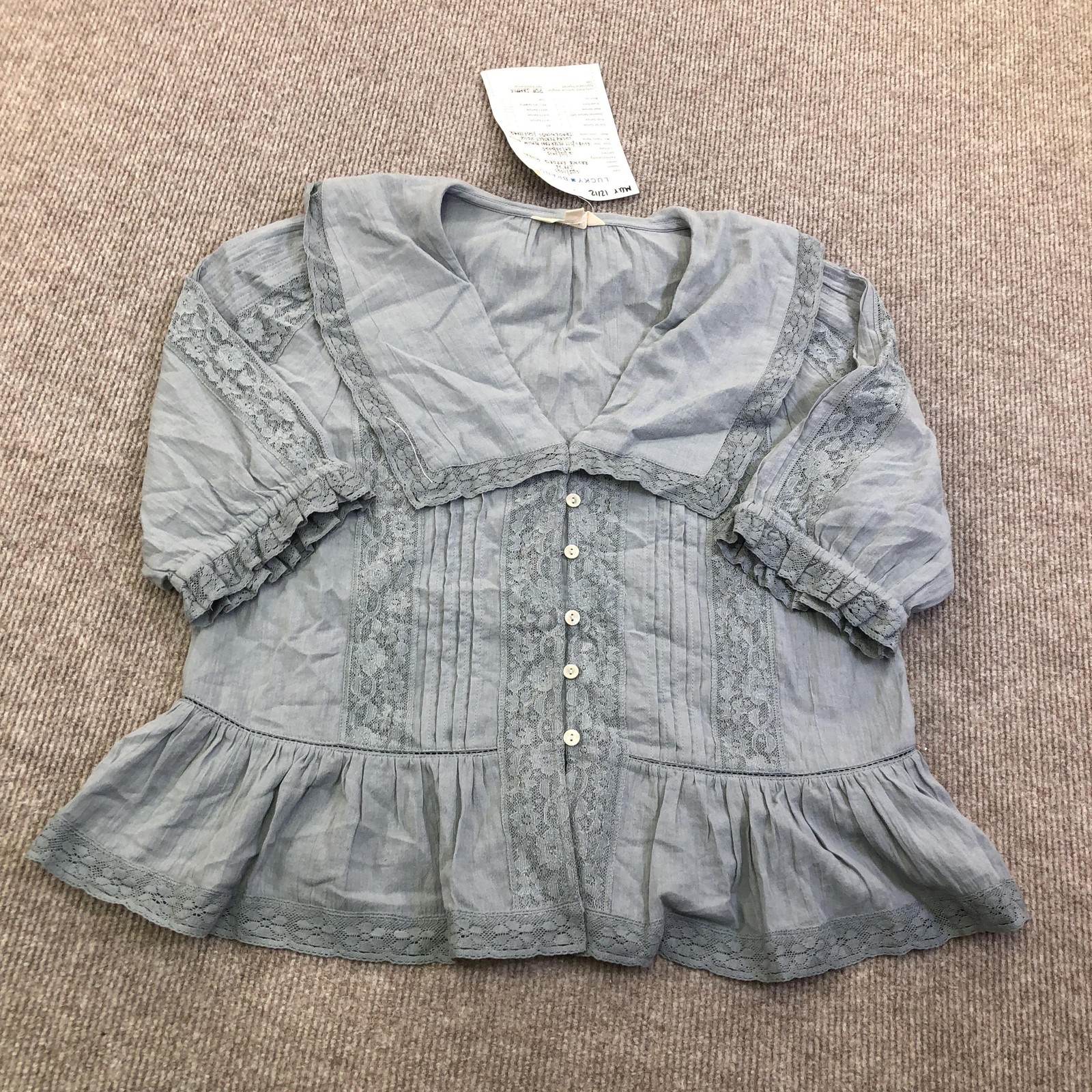 Lucky Brand Blouse Womens S Blue V Neck 3/4 Sleeve Lace Ruffle Peplum Top