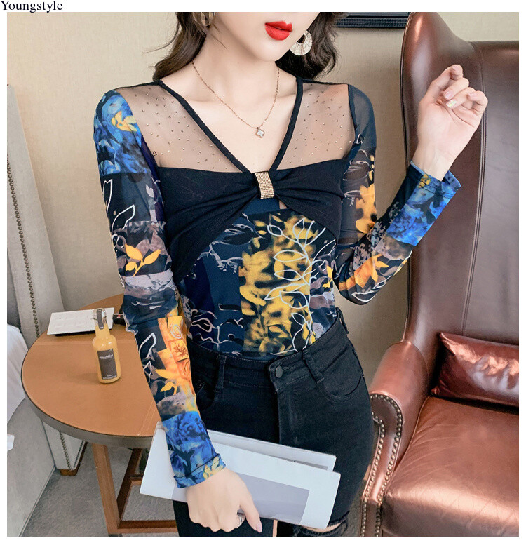 Sexy Korean Women Mesh Rhinestone Slim Casual Party Cocktail Tops Blouse Shirts
