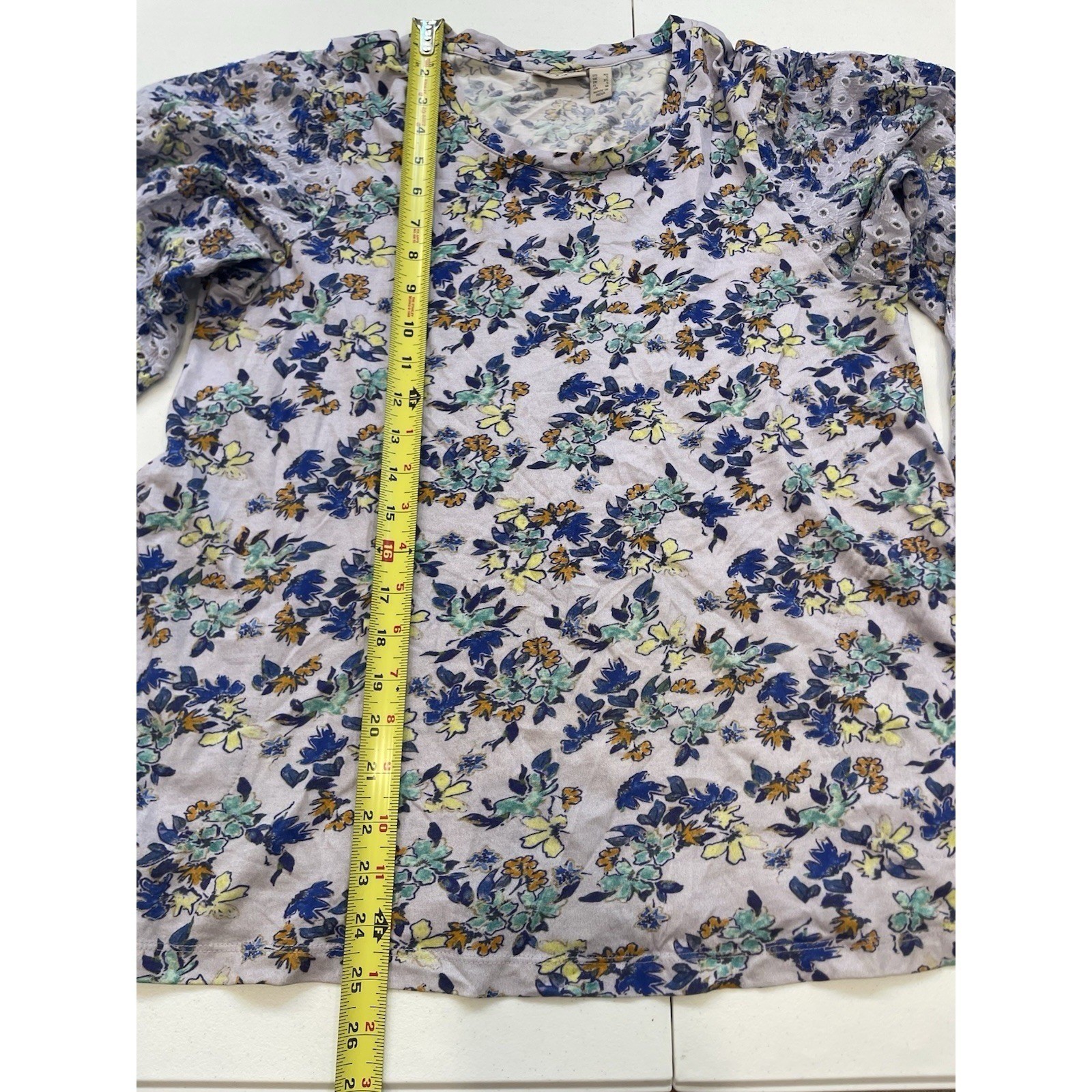 LOGO Lori Goldstein Top Women’s XS Purple Floral Eyelet Sleeve Flowy Blouse