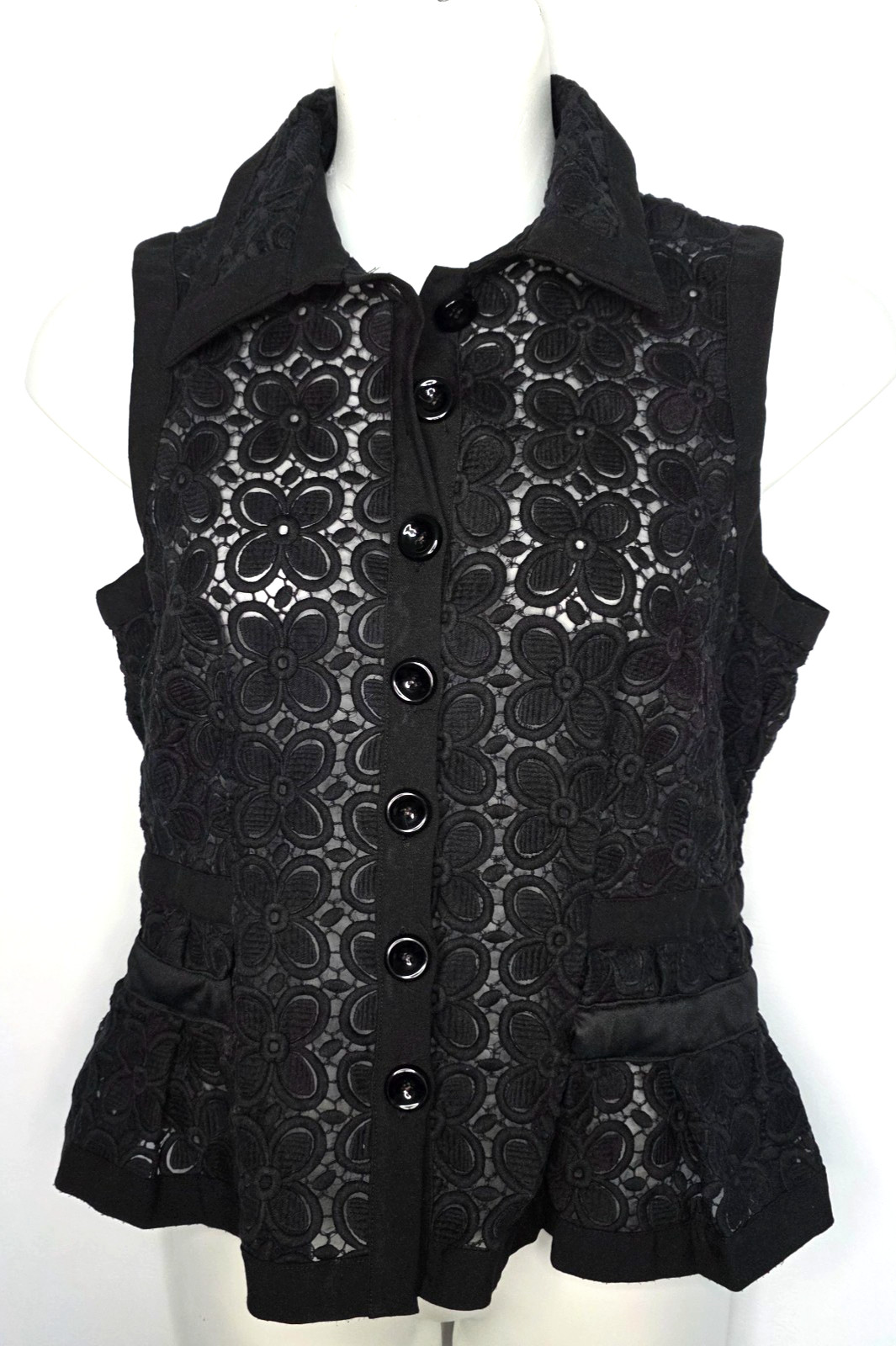 V Cristina Womens XL Vest Black Embroidered Button Front Sleeveless Peplum Top