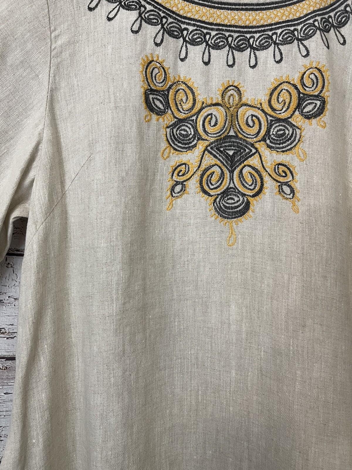 IVY JANE Small Embroidered LINEN Tunic Top Floral Boho Oatmeal Gray Yellow S