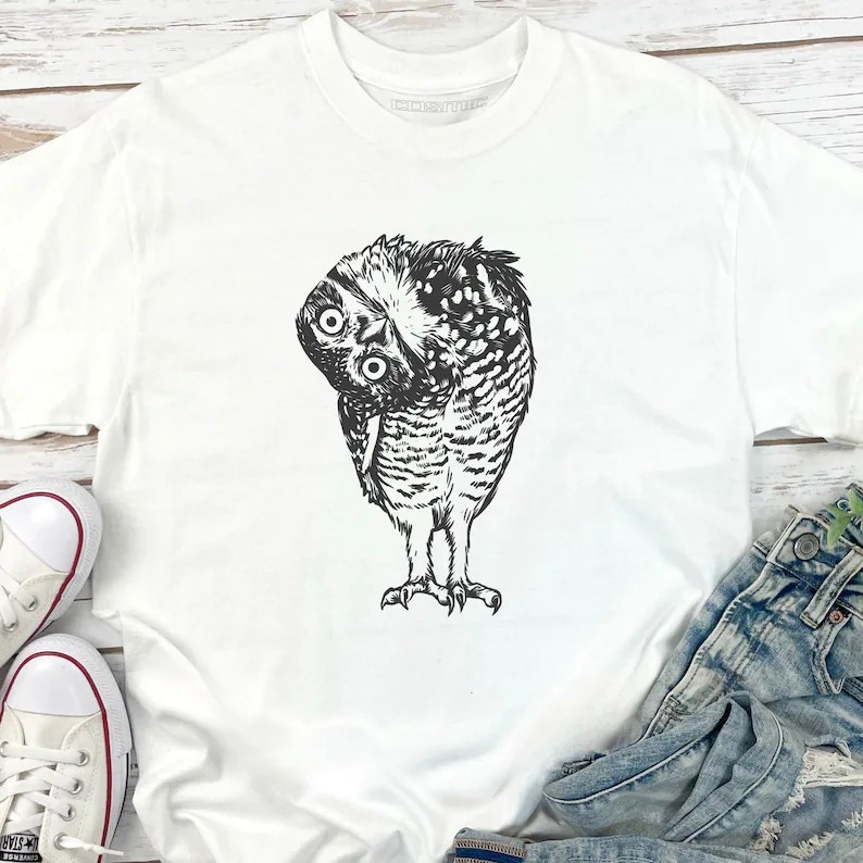 Women’s Vintage Burrowing Owl Graphic Tee Nature Bird Illustration T-Shirt