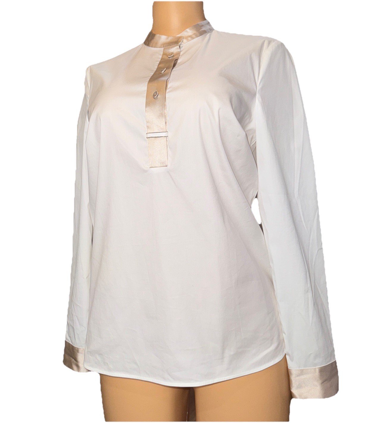 Peserico White Poplin Top Tunic Shirt SIZE 40/S-M Silver chain Cuff Collar $990