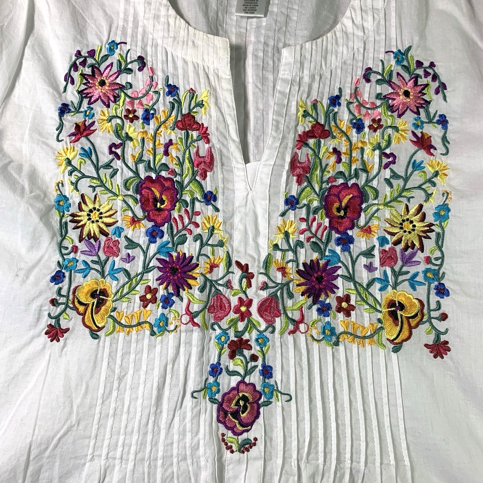 Embroidered Peasant Tunic Top Womens L Dressbarn White All Cotton Pleated Floral