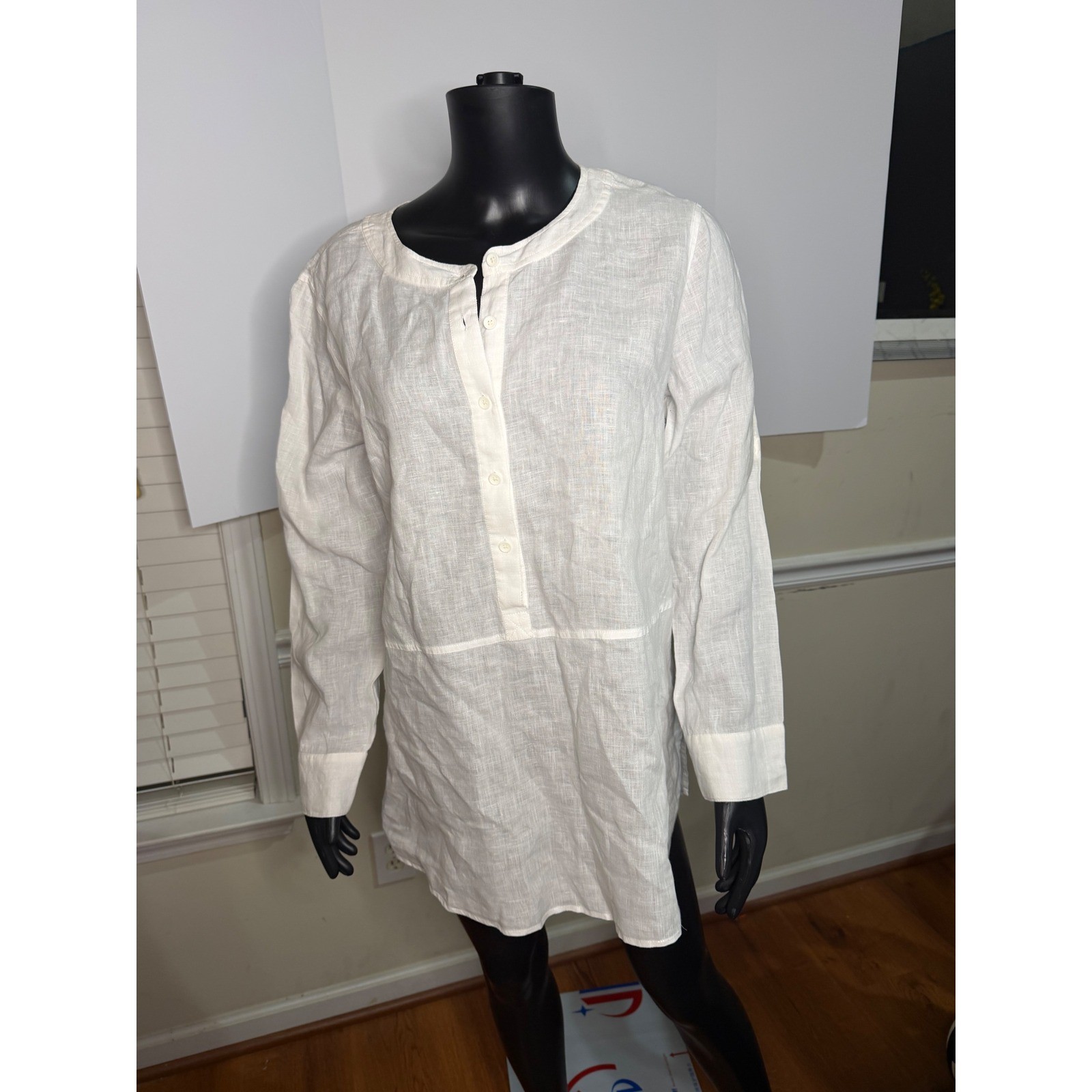 Eileen Fisher White Linen Roll Tab Sleeve Tunic Shirt Button Front Blouse