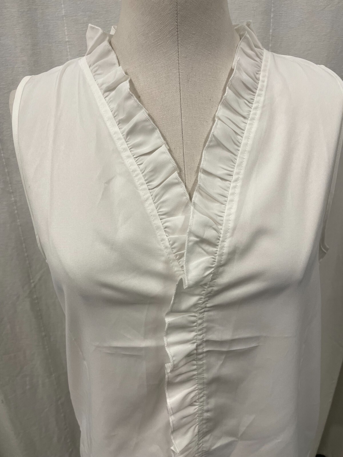 Made With Love Large Sleeveless Shirt White V Neck Ruffle New Button Fair Trade