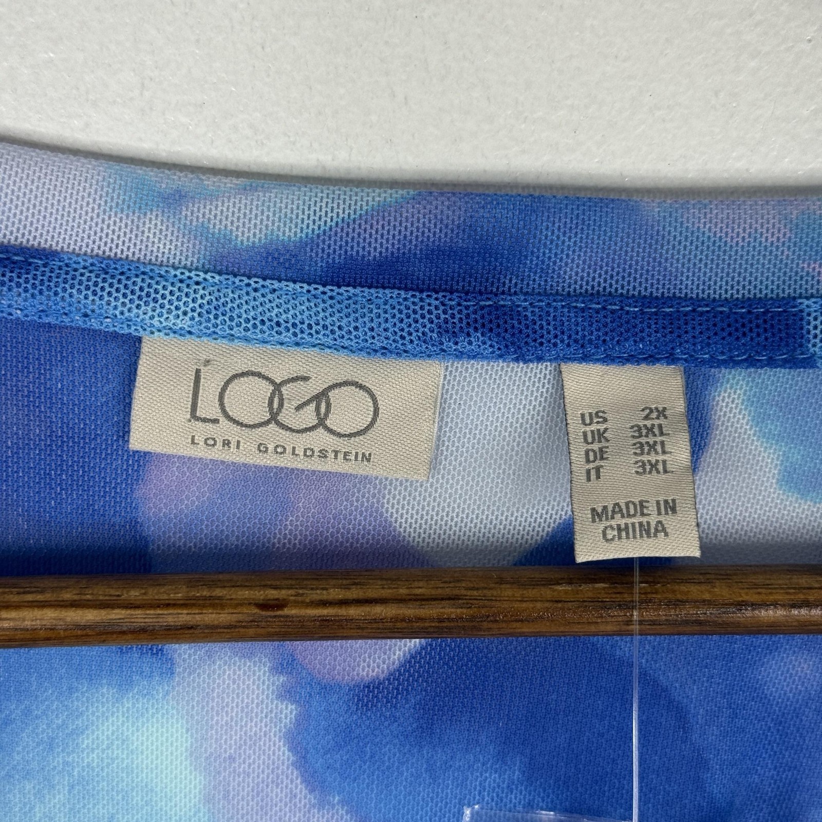 LOGO Lori Goldstein Top Womens 2X Blue Sheer Mesh Print Button Up Tunic Blouse