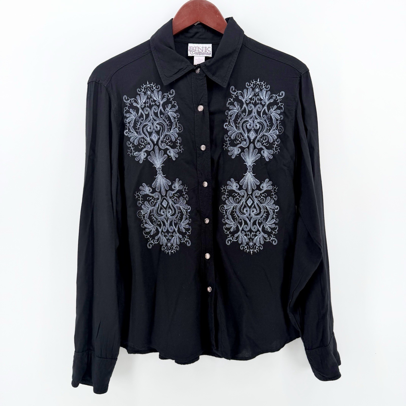 Pink Cattlelac Large LG Black Embroidered Western Shirt Filigree Cowgirl Blouse