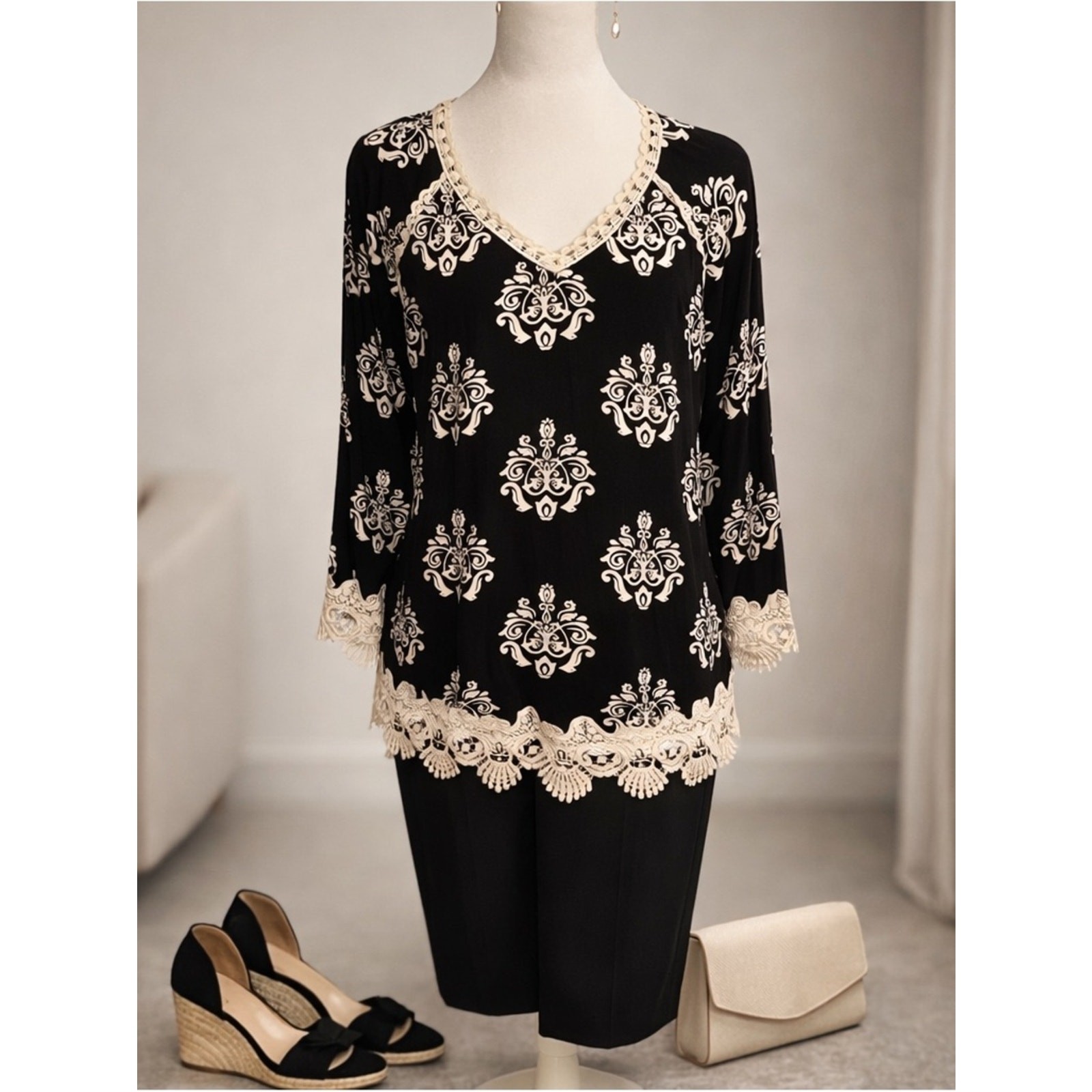 Chico’s Black V-Neck Blouse with Cream Lace & Damask Motif