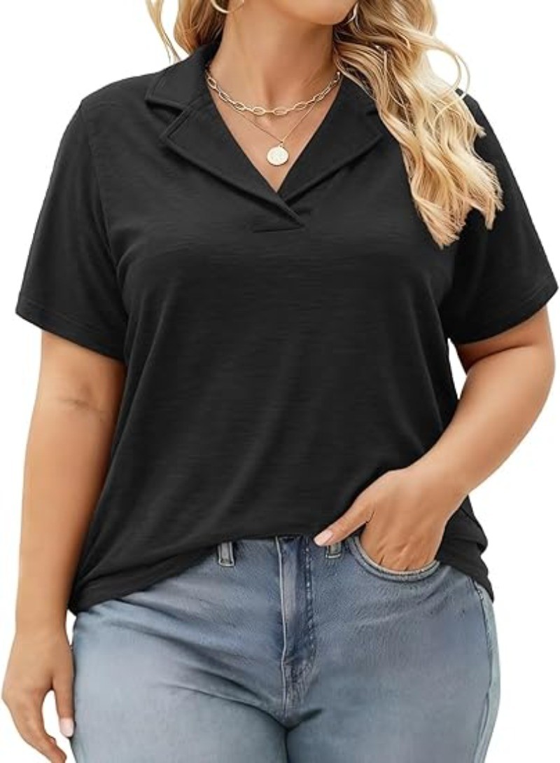 V-neck Casual Polo Minimalist Women’s Summer Short Sleeves Breathable Top XL-5XL