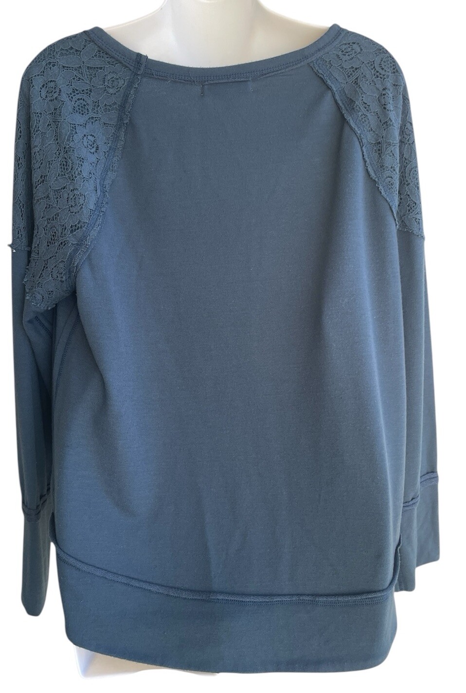New Directions Teal Blue Knit Pullover Lace Trim Raw Edges Long Sleeve Woman’s L