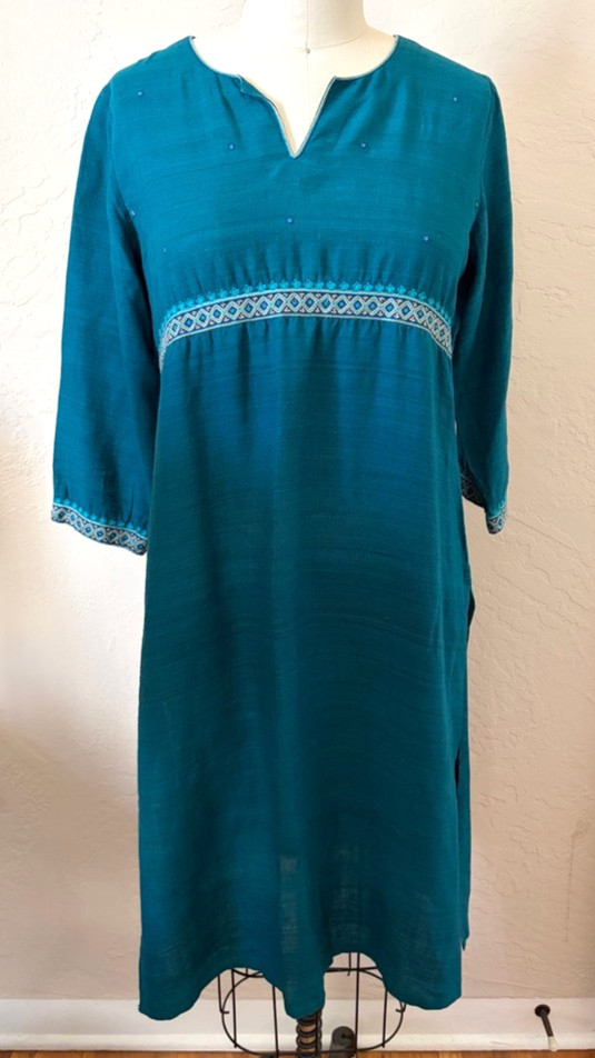 Fabindia Women’s Sz M Teal Silk Embroidered Empire Waist Kurta Dress