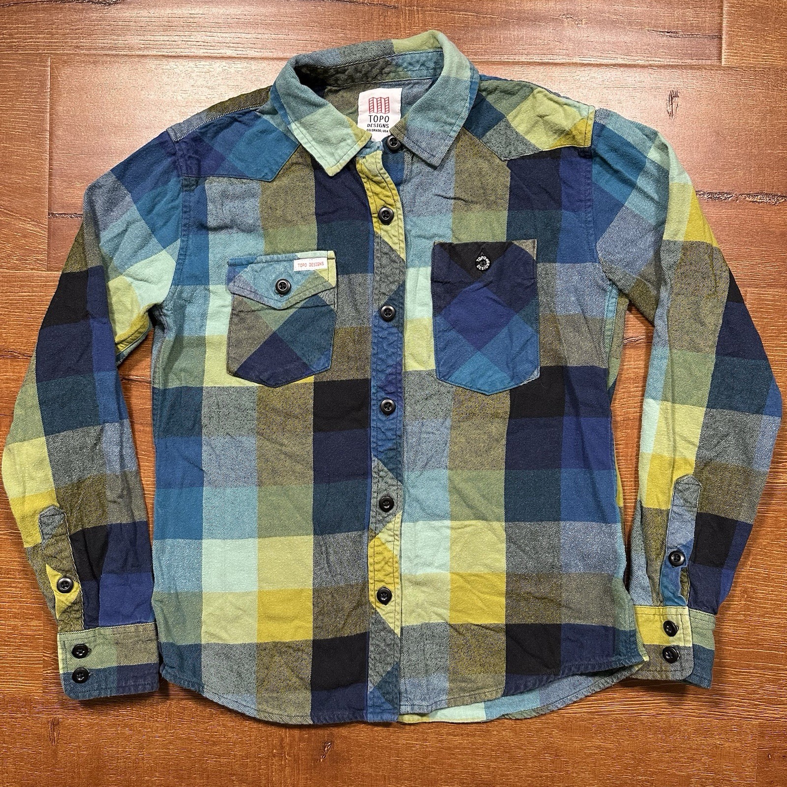 Topo Designs Flannel Button Up Shirt Womens S Green Tartan Plaid Nature Outdoor