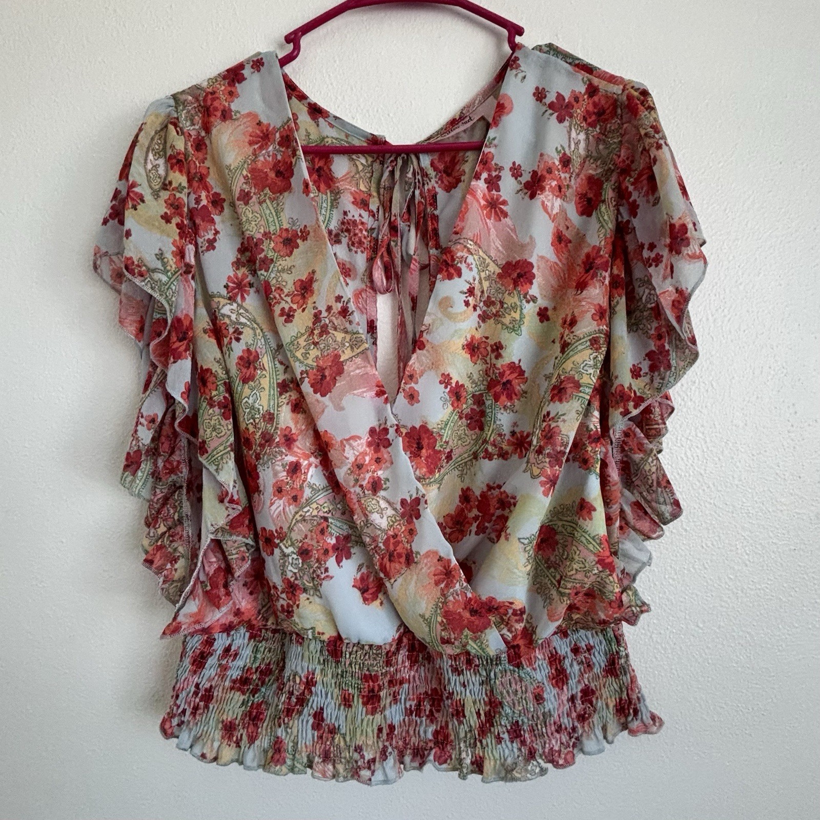 Willow + Root Women’s Floral Chiffon Flutter Sleeve V-neck Blouse Size XL