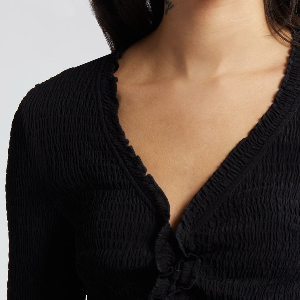 ✨NWT Topshop Black Ruched Long Sleeve Lace-Up Top V Neck Minimalist Going Out