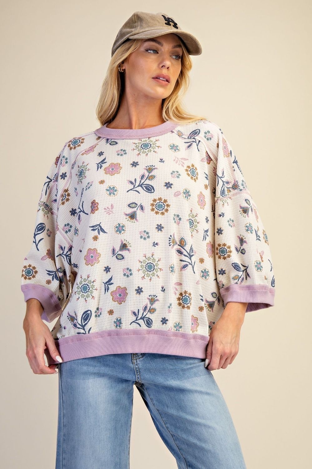 Easel Women’s Wildflowers Textured Waffle Knit Top in Lilac Blue