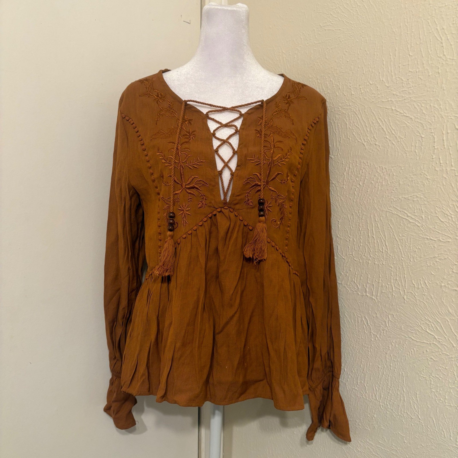 Altar’d State Rust Brown Embroidered Lace Up Boho Blouse Fairycore Rustic Sz S