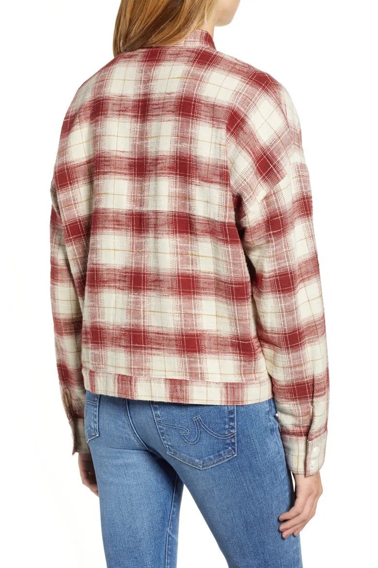 AG Adriano Goldschmied Smith Women’s Plaid Flannel Shirt Jacket Red Cream Size L