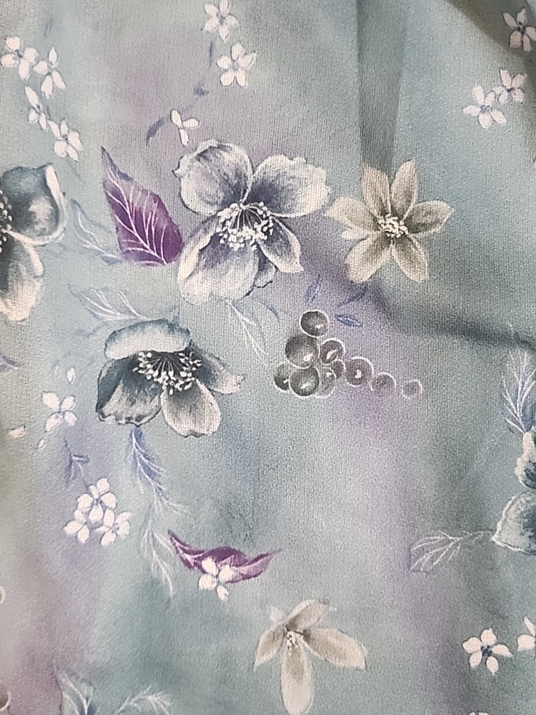 Vintag Blouse Top SIZE LARGE Blues Ruffle Neck 70s 80s Ruffle Cuffs Floral #1540