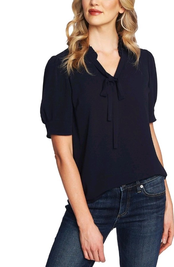 CeCe Short Sleeve V-Neck Ruffled Top with Bow Black Size Medium