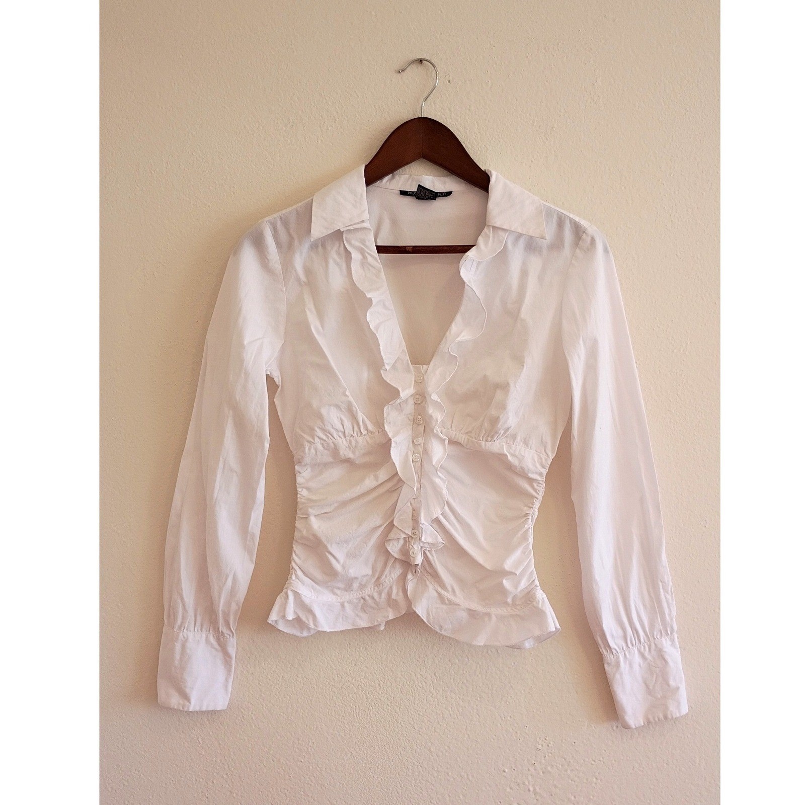 Vintage Boston Proper White Ruffle Ruched Cotton Button Down Shirt Blouse Sz 4