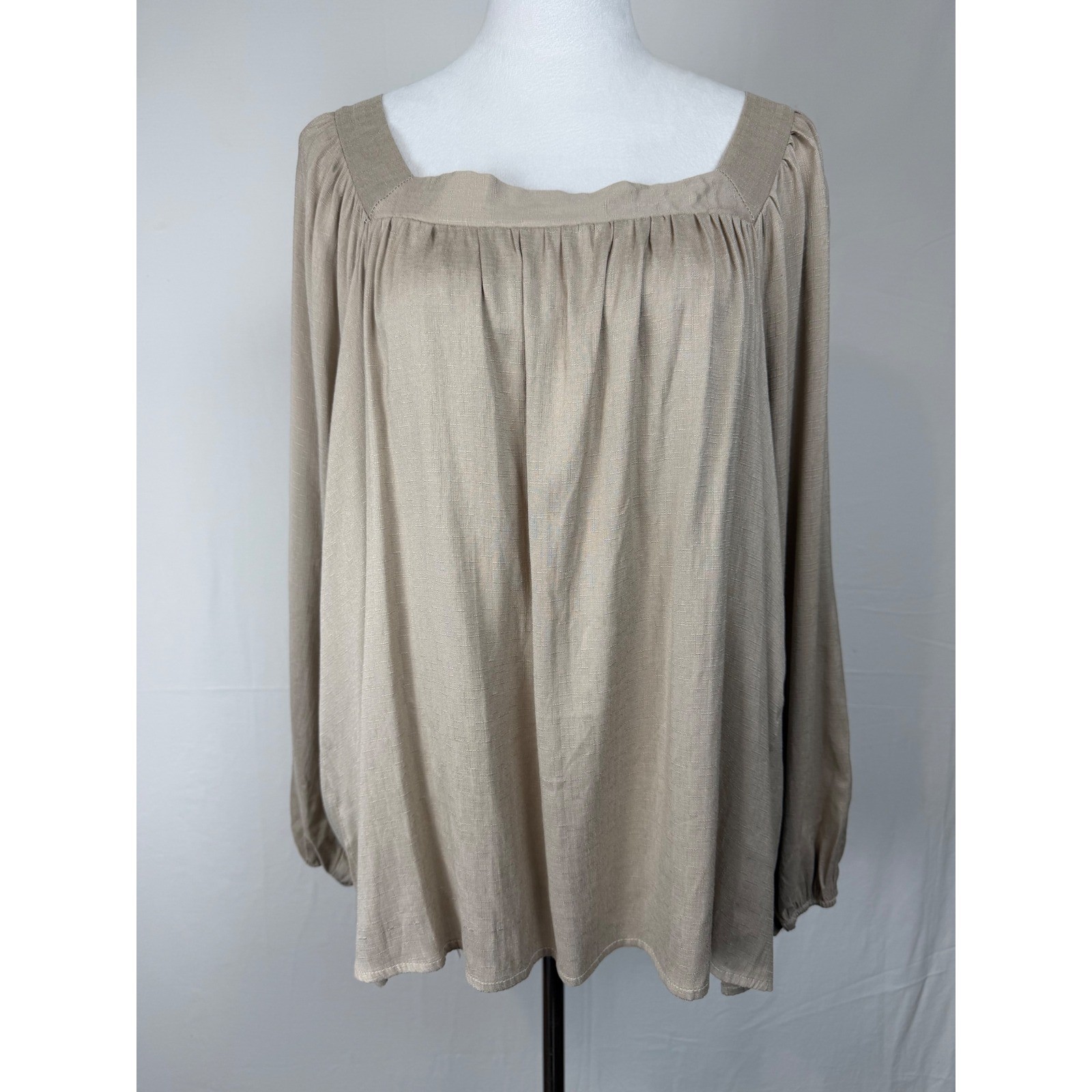 Perfectly Priscilla Square Neck Blouse Women’s 2X Tan Tie Back Peasant Babydoll
