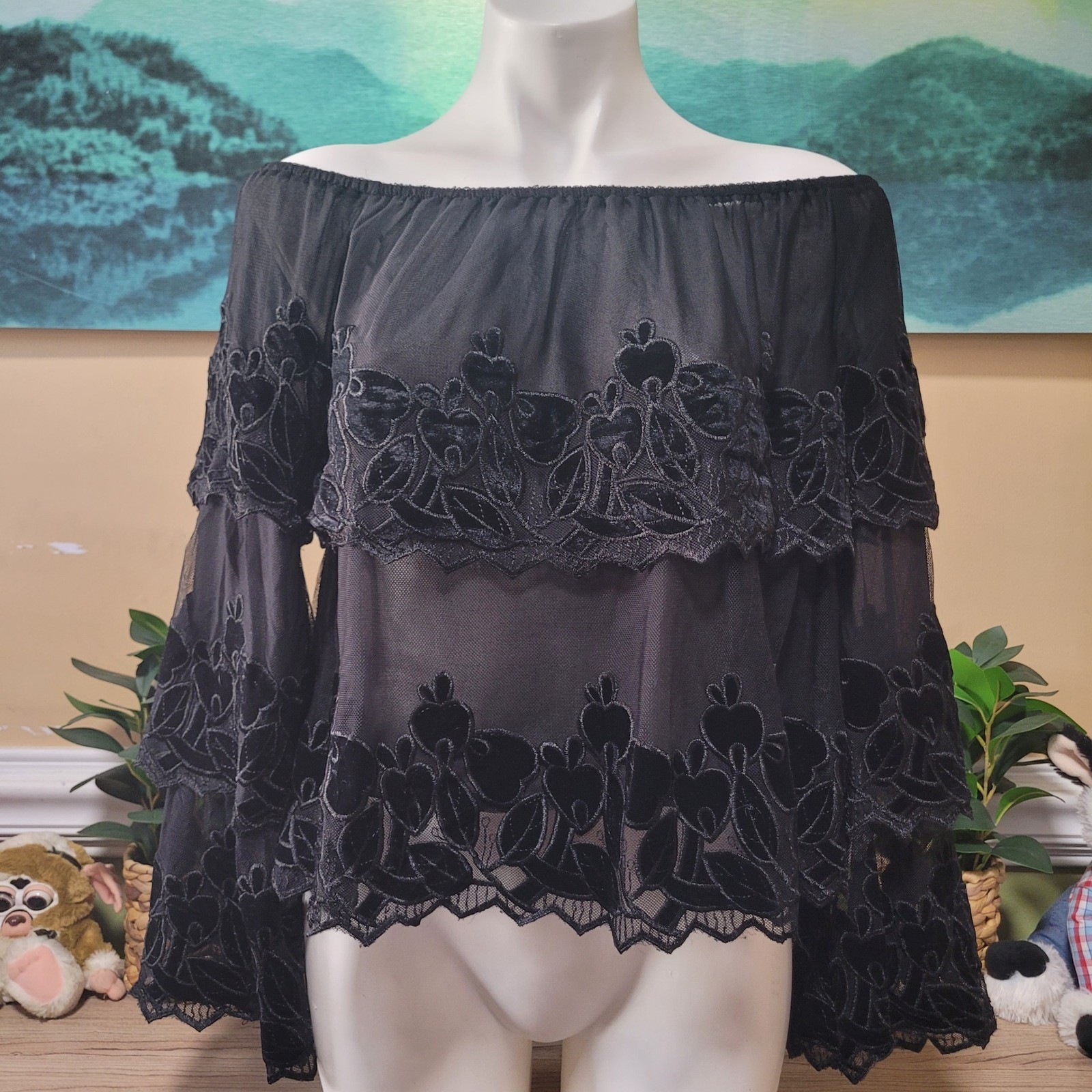 Endless Rose Black Off Shoulder Bell Sleeve velvet Sheer Blouse Top L new goth