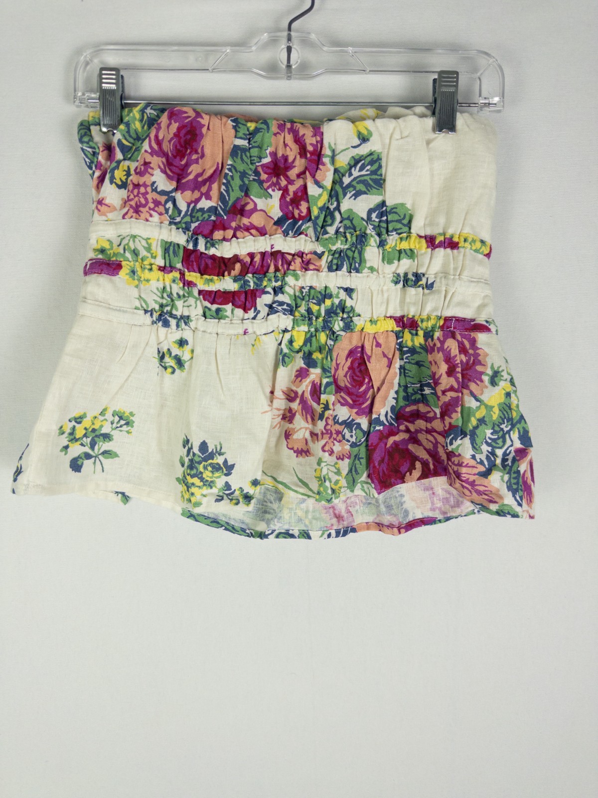 Anthropologie Strapless Top Womens S Ivory Floral Smocked Tube Peplum Linen NWT