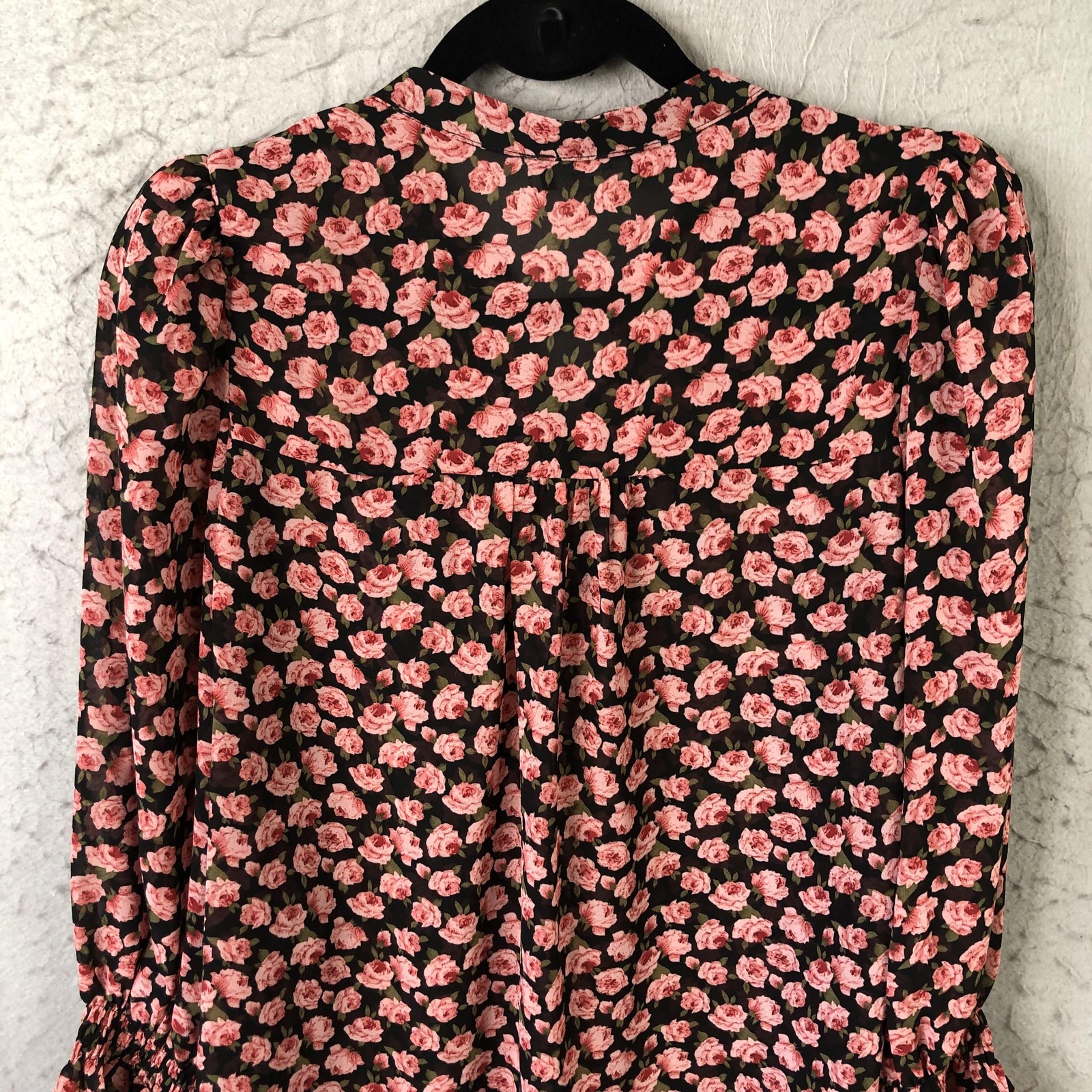 Feminine top Womens S Black Rose Dark Floral Button Front Sheer Ruffle Cottage