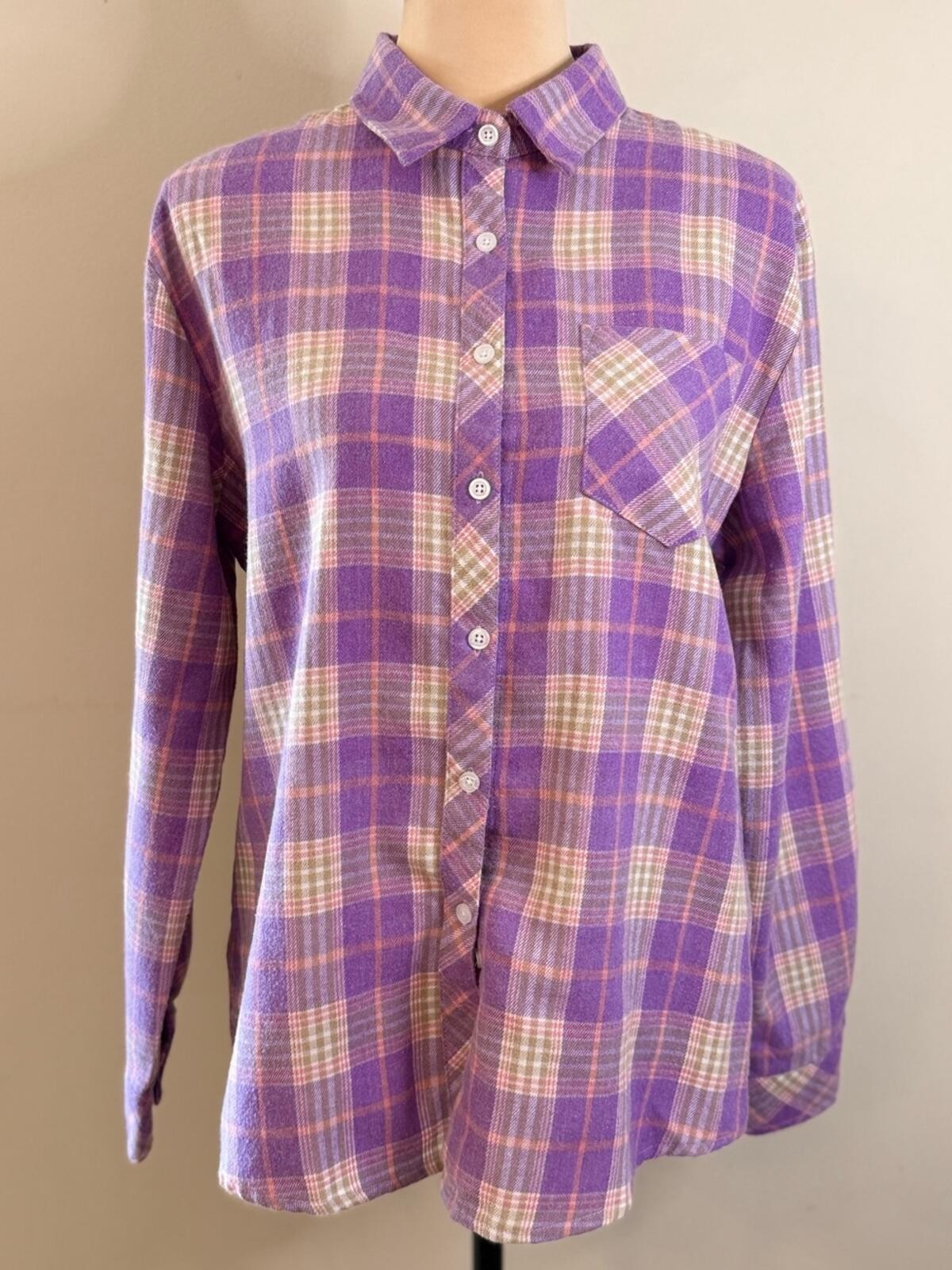 Plaid flannel cotton button up shirt purple pink green SZ M