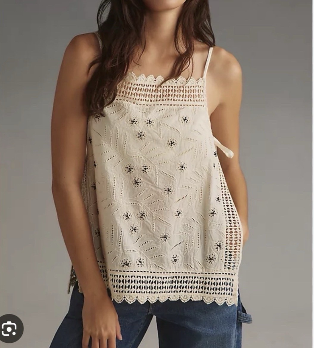 NWT Anthropologie One Size Ivory Eyelet Lace Crochet Camisole Beaded Side Ties
