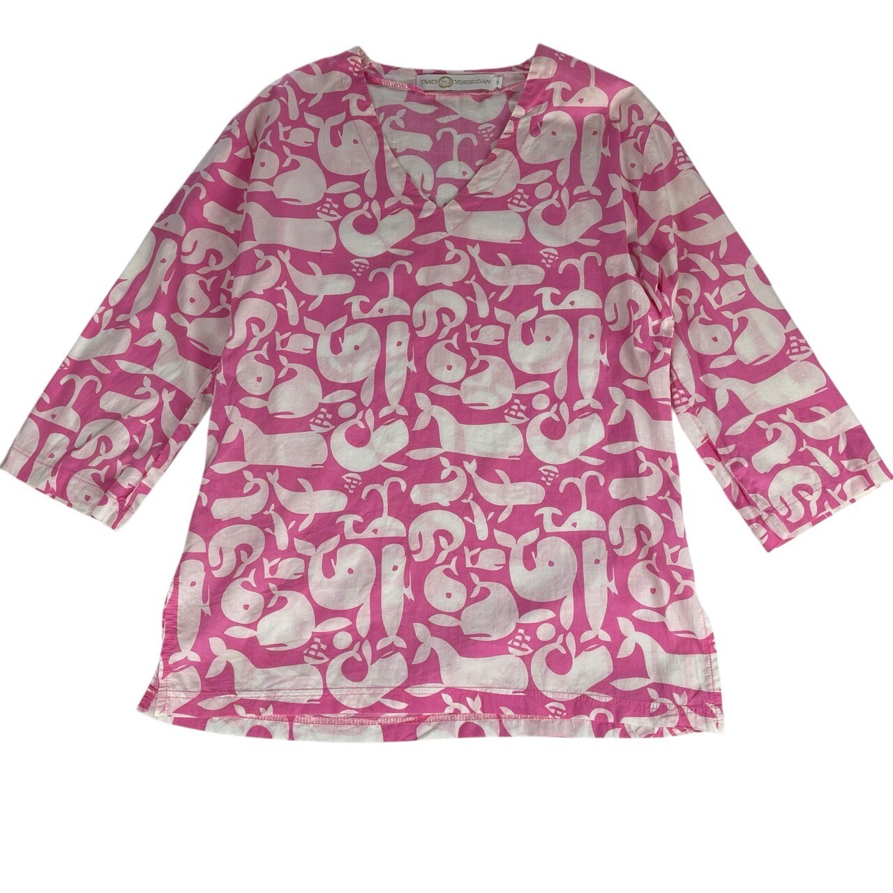 Tracy Negoshian Pink White Whale Print V Neck 3/4 Sleeve Tunic Blouse Size Small