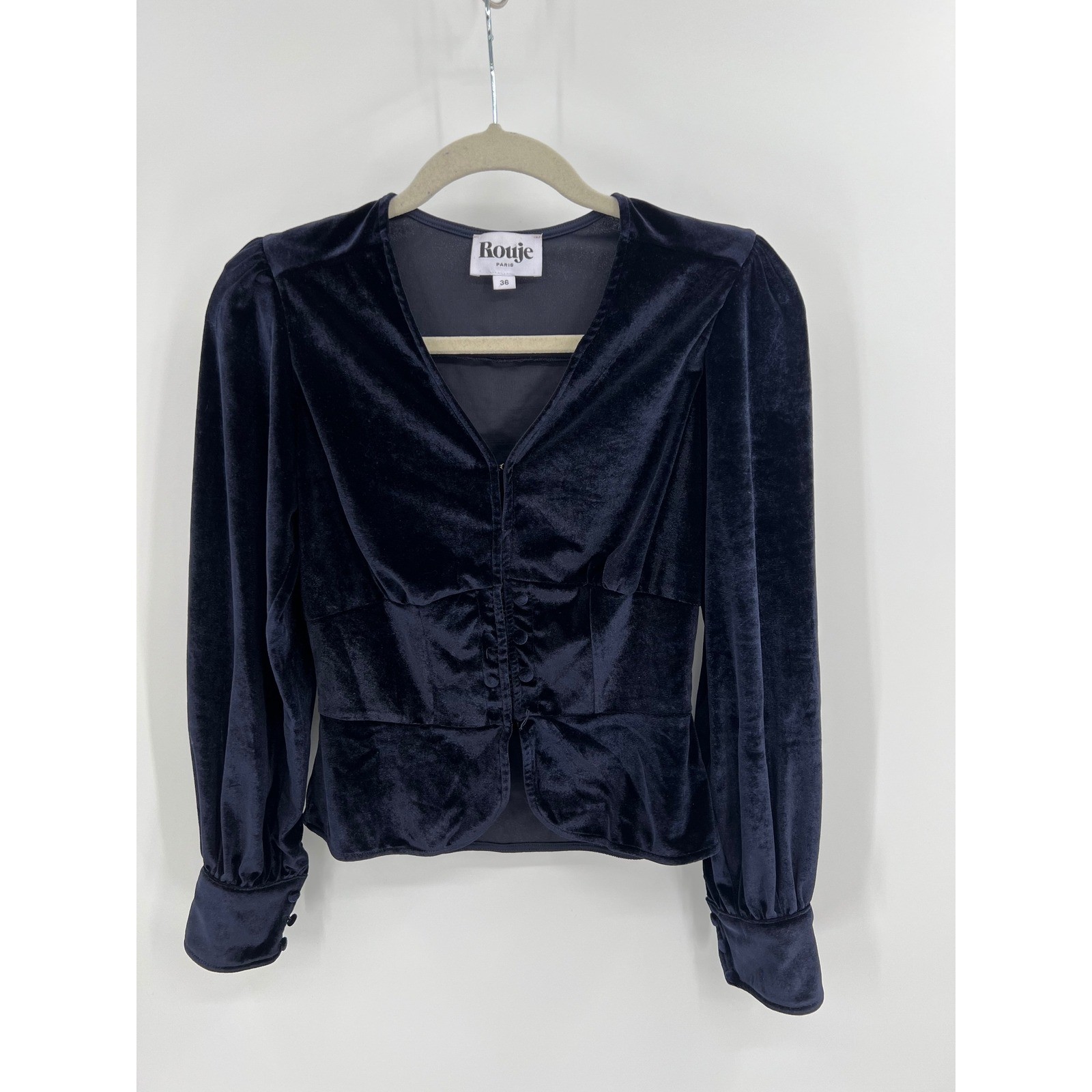 Rouje Paris Navy Velvet Puff Sleeve Top | FR 36 (US 4/S) French Girl Style