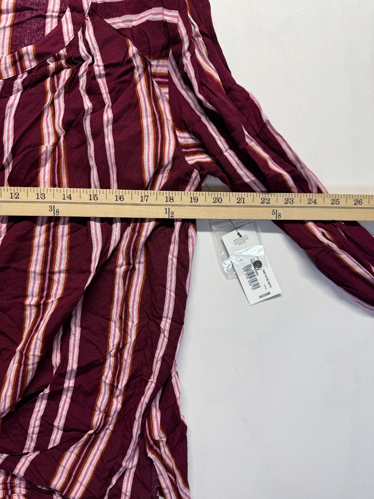 A.N.A Blouse Top Womens Medium Maroon Multi Striped Front Tie Hem Button Front